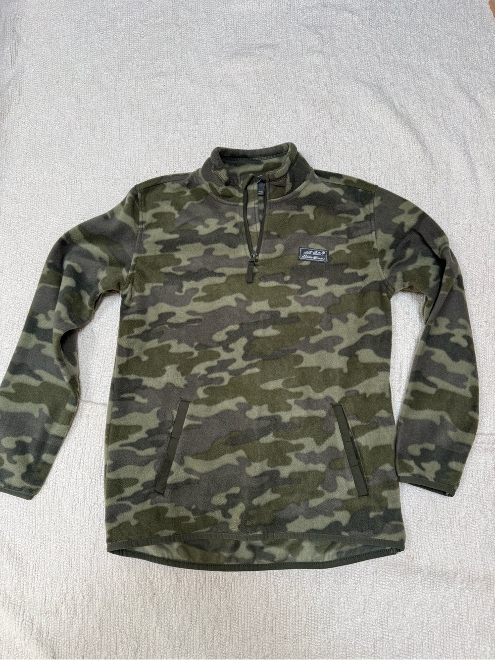 Eddie Bauer Kids Camo Fleece 1/4 Zip Mock Neck Sweatshirt Pockets L 14/16